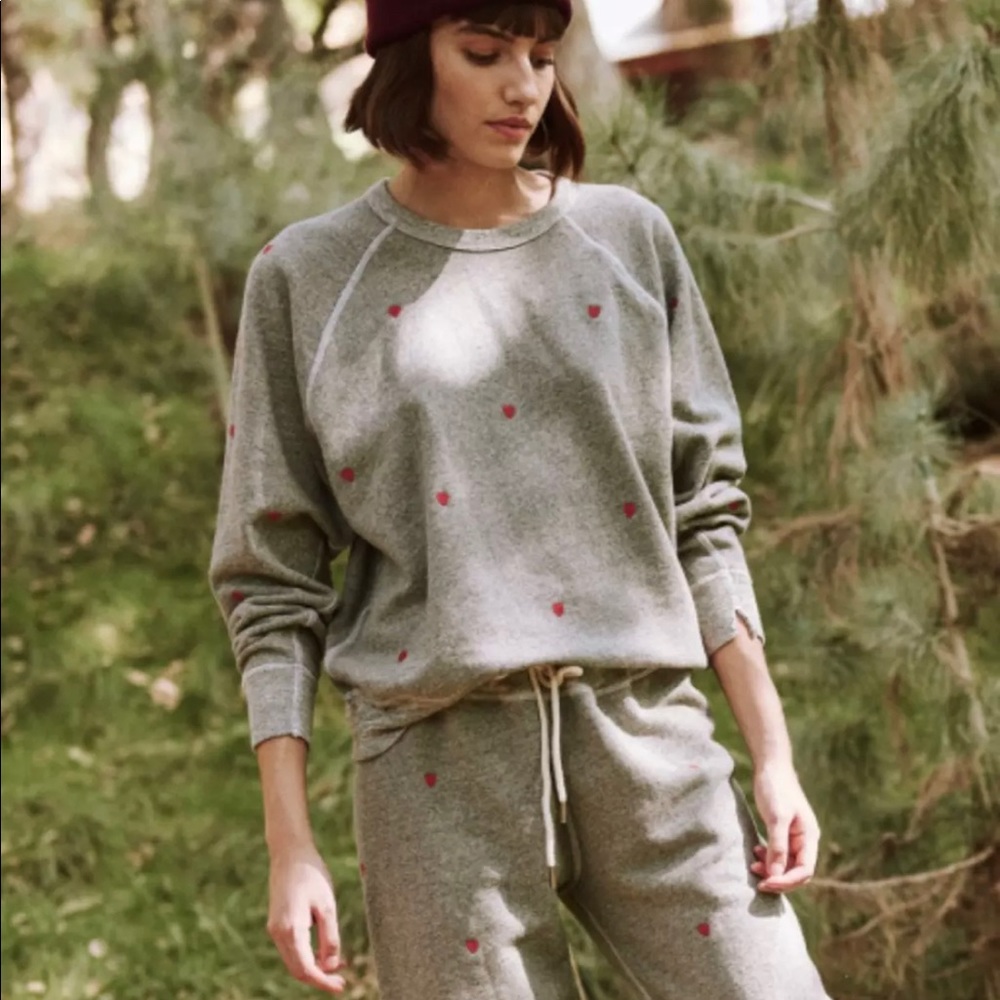 THE GREAT. Heather Gray Sweatshirt and sweatpants with Small Red Heart Accents